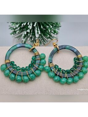 Handmade Boho Green Agate Dangle Earrings Wire Wrapped Brass Artisan Design